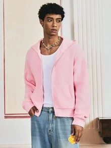 SWAVVY Men's Stylish Solid Color Zip-Up Hooded Cardigan, Autumn, For Fall Winter - Pink - View 4