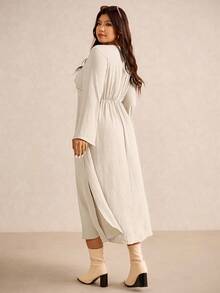 Elaquor Plus Size Elegant Minimalist Modern Urban V-Neck Long Sleeve Metal Button Slit Maxi Dress For Women, All Season - Apricot - View 2