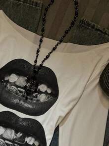 SHEIN EZwear Autumn New Arrival Oversized Round Neck Oblique Shoulder Ruffle Hem Printed Long Sleeve Sexy Asymmetric Neck Pullover T-Shirt For WomenIn Fall/Winter