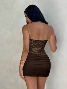 Aloruh Women's Sexy Elegant Lace Patchwork 3D Floral Decor Fitted Mini Beach Vacation Dress