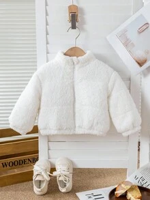 SHEIN Babygirl 蓬松白色立领夹克，百搭秋冬 - 白色 - 查看 4