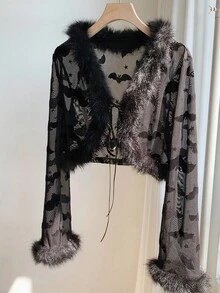 Comfortcana Blusa de manga larga con diseño de envoltura frontal sexy, de unicolor con parches de piel sintética transparente - Negro - Ver 3