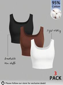 Tseoso 3pcs/Set Casual Slim-Fit Women's Camisole Tops, Black, White & Brown, 95% Cotton, Suitable For Summer, Vintage, Cute Summer Tops, Softgirl, Summer Outings, Home, Back To School, Fall Women Clothes, Versatile 3 Pack Crop Tops Basic Crop Tops Tight Fitting Crop Tops Crop Tank Tops Brown Crop Top