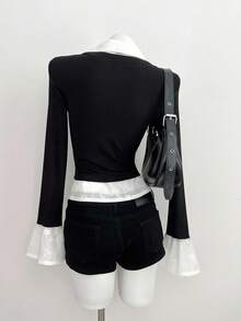 Elamini 1 件女式 V 领二合一腰部喇叭袖口长袖休闲/工作衬衫，黑色和白色 - 黑與白 - 查看 2