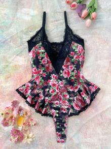 Mono floral con contraste de color negro y rosa, encaje, satén, escote profundo en V, efecto estilizador, volantes en el bajo, plisados, lazo, estilo pastoril, romántico y sexy para mujeres - Multicolor - Ver 8