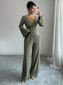 Elenzga 秋季新款法式复古针织纹理弹力褶皱休闲日常V领抽绳修身喇叭长袖T恤+直筒阔腿裤两件套女 - 軍綠色 - 查看 3