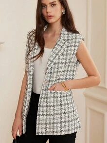 Aveloria Rosie Women's Plaid Faux Pocket V-Neck Wide Shoulder Long Fitted Blazer Vest - Black and White - View 4