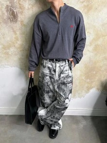 SWAVVY Men's Contrast Color Pocket Belted Loose Floral Print Straight Leg Jeans - Black - View 5