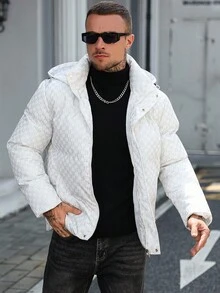 Manfinity CasualCool 男士长袖全印花连帽短款羽绒服，保暖冬季白色拉链外套，秋季 - 白色 - 查看 8