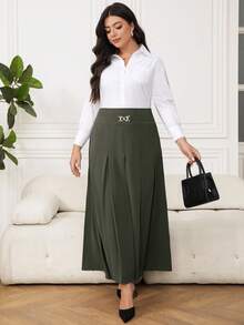 Modelyn Falda elegante de oficina con pliegues y decoración metálica, talla grande y unicolor - Verde militar - Ver 4