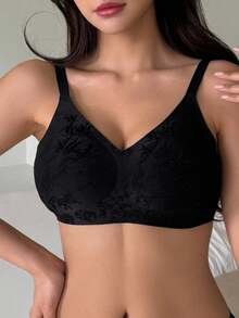 DAZY Lace Jacquard Adjustable Spaghetti Strap Lightly Padded Women Bra, Black - Black - View 9