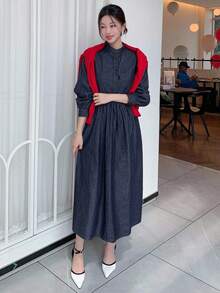 DAZY Women's Stand Collar Long Sleeve Belted Half-Placket Casual Denim Dress