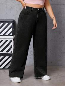 SHEIN EZwear 大尺碼女士直筒牛仔褲帶口袋 - 黑色 - 查看 6