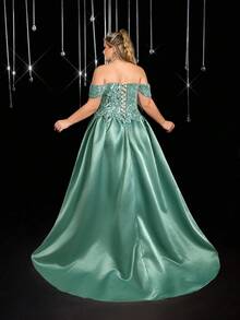 SHEIN Belle Elegant Romantic Off Shoulder Lace Applique Puff Maxi Dress, Suitable For Balls, Vacations, Wedding Photoshoots, Weddings, Bridal Gowns - Green - View 2