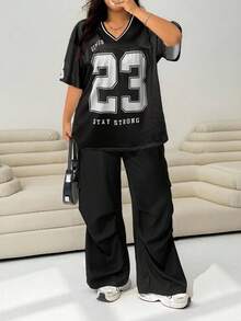 SHEIN EZwear Set de 2 piese pentru femei, cu imprimeu de litere, casual, mărime mare - Negru - Vizualizare 3