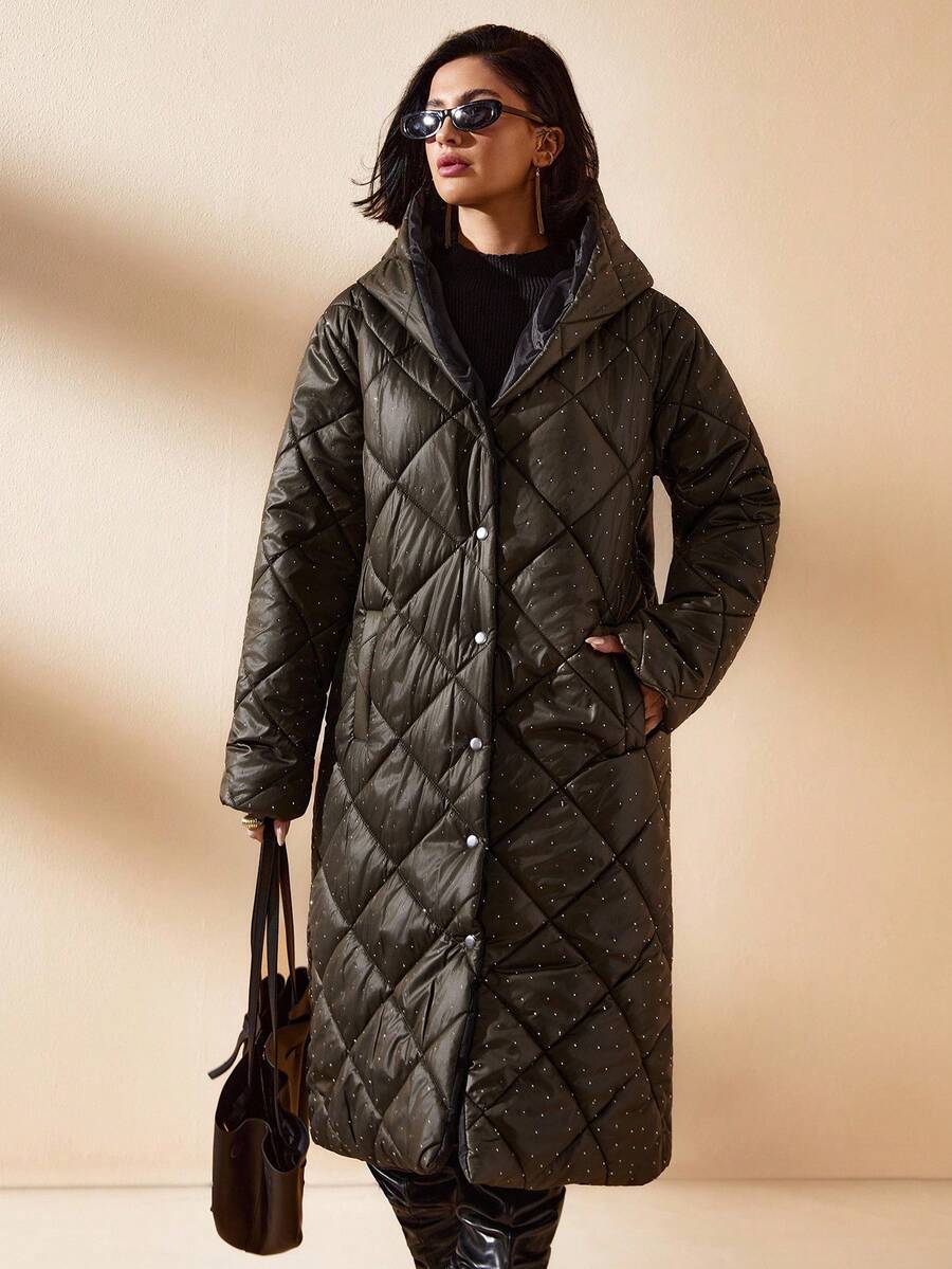 EURMUSE Women, Winter, Long Sleeve, Rhinestone, Quilted, Long Length, - Khaki - View 1