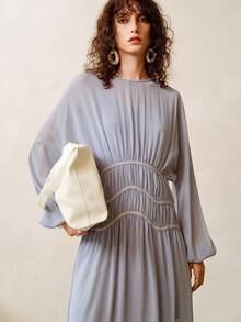EMERY ROSE Vestido largo elegante de mujer con mangas de farol y pliegues en la cintura, de gasa, para otoño, vestidos de otoño para mujeres, ropa bohemia para mujeres, atuendos elegantes para mujeres - Púrpura malva - Ver 2