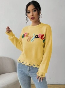 SHEIN Unity 女士圆领长袖彩色字母做旧休闲针织毛衣 - 淡黃色 - 查看 7