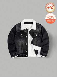 Kurtka chłopięca w kolorze czarnym, dżinsowym, patchworkowym, z kołnierzem z białego polaru, z długim rękawem i krótkim rękawem