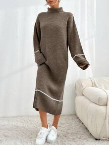 EURMUSE Women's Turtleneck Ribbed Contrast Color Long Sleeve Dress,Winter Dresses - Chocolate Brown - View 4