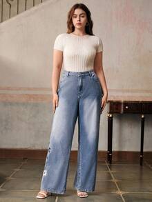 Anewsta 优雅刺绣女式蓝色牛仔裤