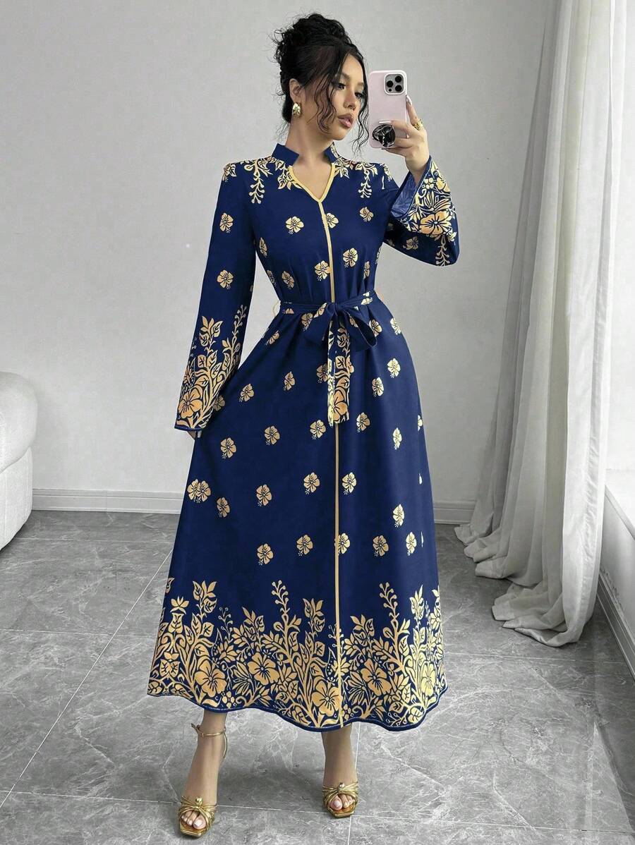 Chiquease Printed Stand Collar Long Sleeve Elegant Casual Long Dress For Women Maxi Women Outfit Fall Cloth For Women