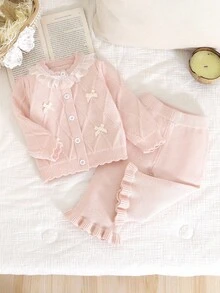 SHEIN Vintaside Kids 女婴休闲时尚可爱粉色针织长袖开衫和针织阔腿长裤两件套。柔软舒适,适合日常穿着和旅行。 - 淺粉色 - 查看 6