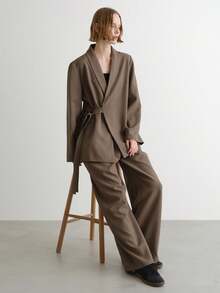 FRIFUL 女士纯棕色休闲商务套装，适合秋季穿着 - 咖啡棕 - 查看 3