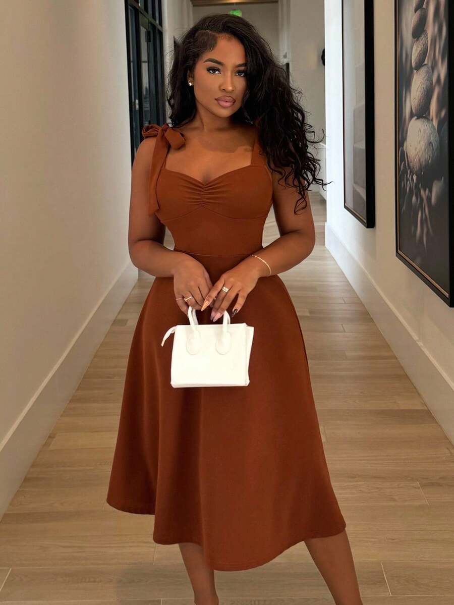 Alexandranx Đầm nữ dáng chữ A thanh lịch lãng mạn không tay thắt nơ eo - Cà phê - Xem 1