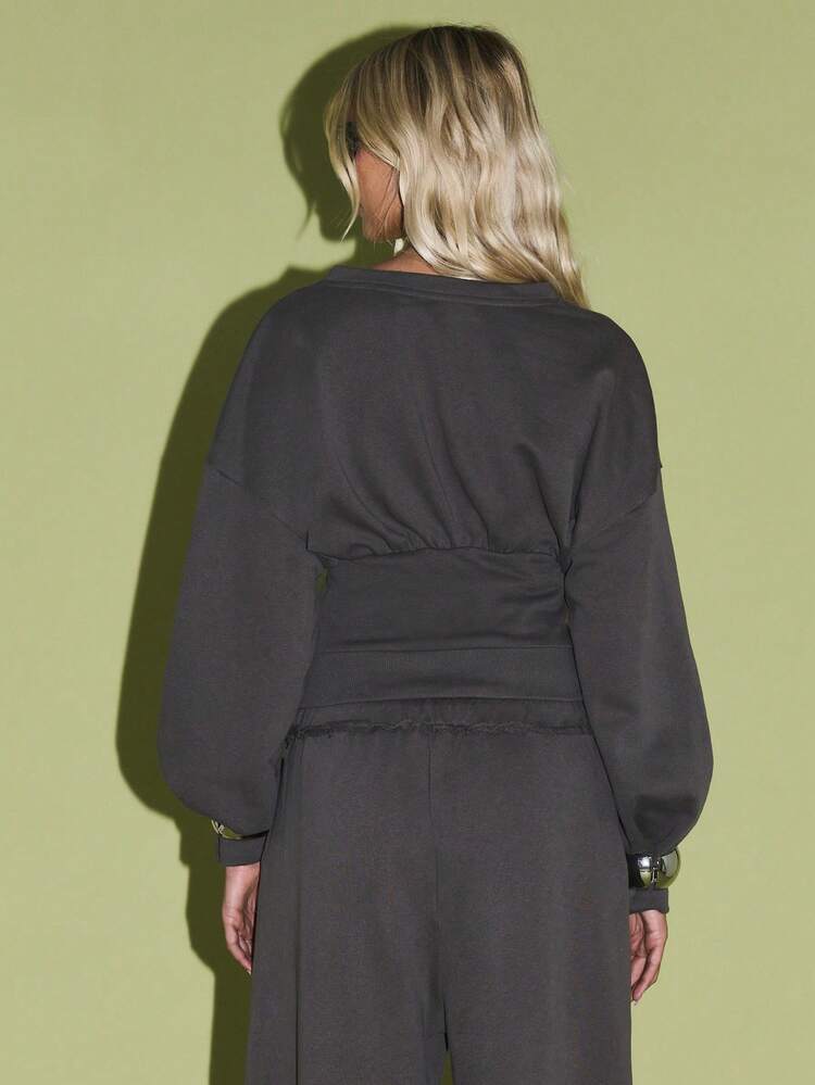 KIZN V Neck Fitted Crop Sweatshirt With Cinched Waist