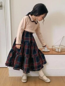 DAZY Young Girls Plaid Casual Ruffle Hem Loose Skirt - Red - View 2