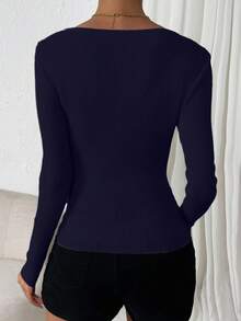 RosyDaze Casual Solid Color Slim Fit Long Sleeve Sweater Fall Winter Cloth For Women - Navy Blue - View 2