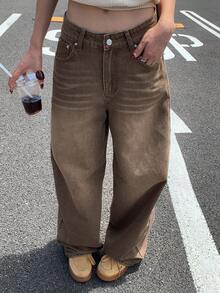 Livesso 女式复古做旧棕色口袋宽松休闲牛仔裤 - 咖啡棕 - 查看 1