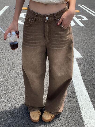 Livesso 女式复古做旧棕色口袋宽松休闲牛仔裤