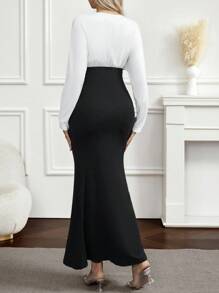 SHEIN 孕妇拼色V领蝙蝠袖鱼尾下摆修身优雅连衣裙 - 黑與白 - 查看 2