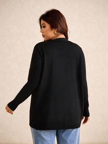 Elaquor Cárdigan de punto negro de frente abierto de unicolor talla grande, para otoño/invierno, atuendos de aeropuerto, atuendos casuales para mujer, cárdigan negro, ropa de invierno para mujer - Negro - Ver 2