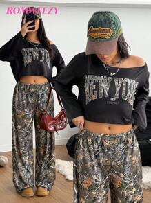 Teen Girl Letter Print Long Sleeve Cropped T-Shirt And Branch Print Pants Casual Outfit - Multicolor - View 8