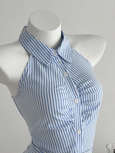 SHEIN Unity 1pc Women's Casual Sleeveless Striped Jumpsuit With Lapel Collar And Waist Cinching, Suitable For Spring/Summer