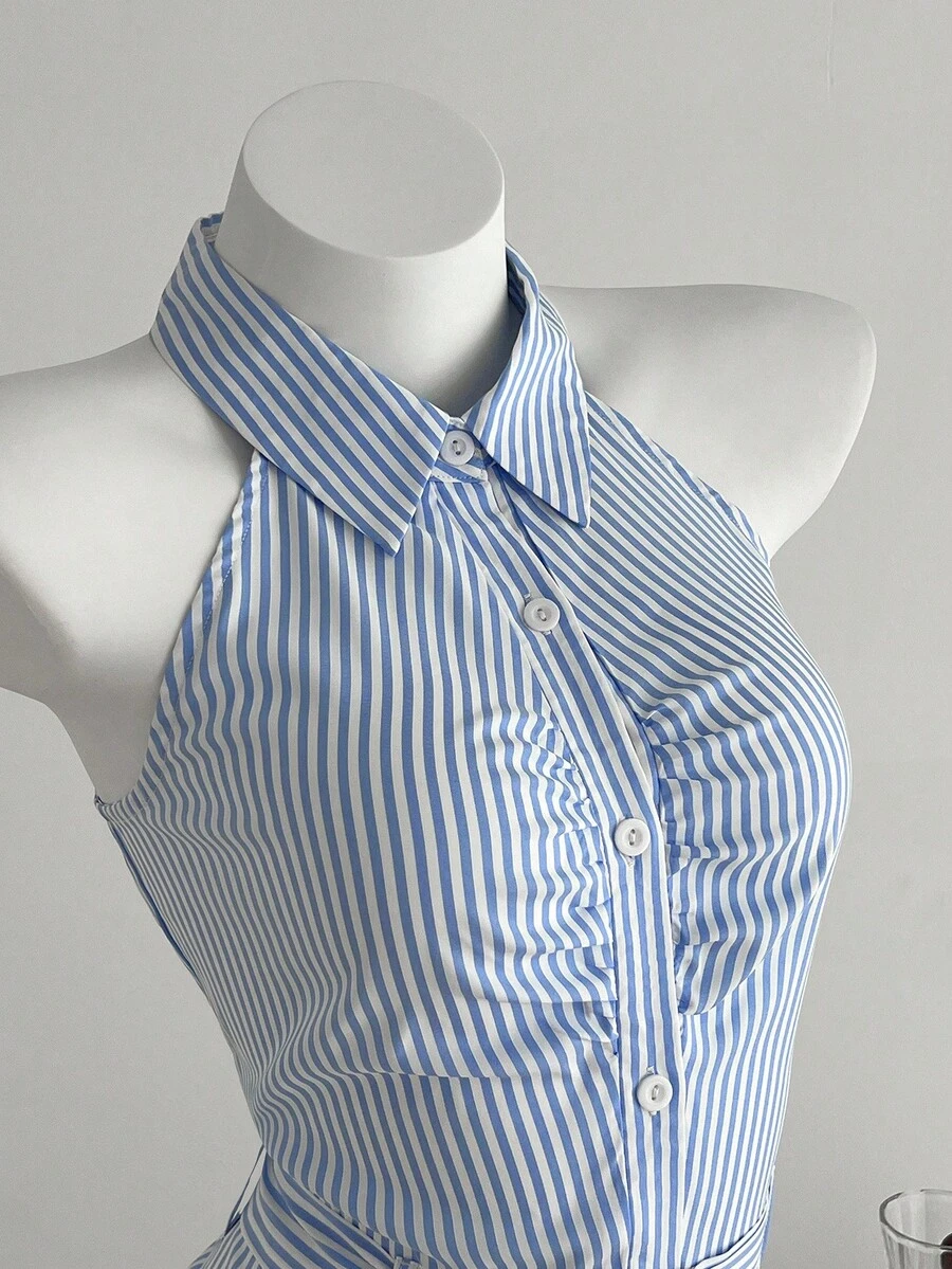 SHEIN Unity 1pc Women's Casual Sleeveless Striped Jumpsuit With Lapel Collar And Waist Cinching, Suitable For Spring/Summer - Blue - View 1