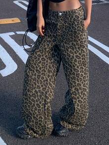 DAZY Women's Autumn Loose Fit Turtleneck Leopard Print Denim Pants Women Jeans