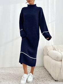 EURMUSE Women's Casual Drop Shoulder High Neck Ribbed Contrast Color Knitted Sweater Dress, Autumn,Winter Dresses - Navy Blue - View 4