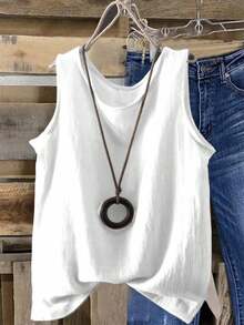 EMERY ROSE Women's Solid Color Round Neck Casual Loose Fit Tank Top - White - View 1