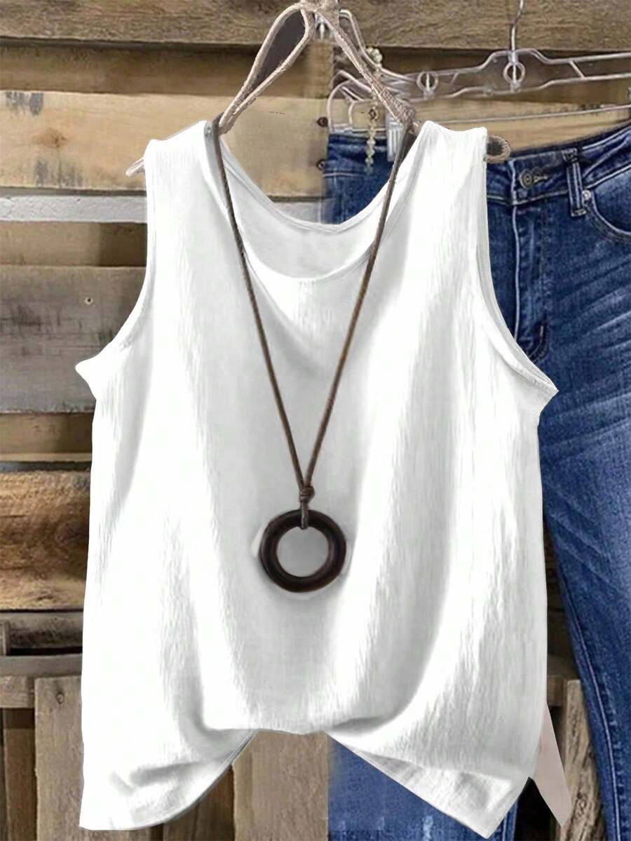 EMERY ROSE Women's Solid Color Round Neck Casual Loose Fit Tank Top - White - View 1