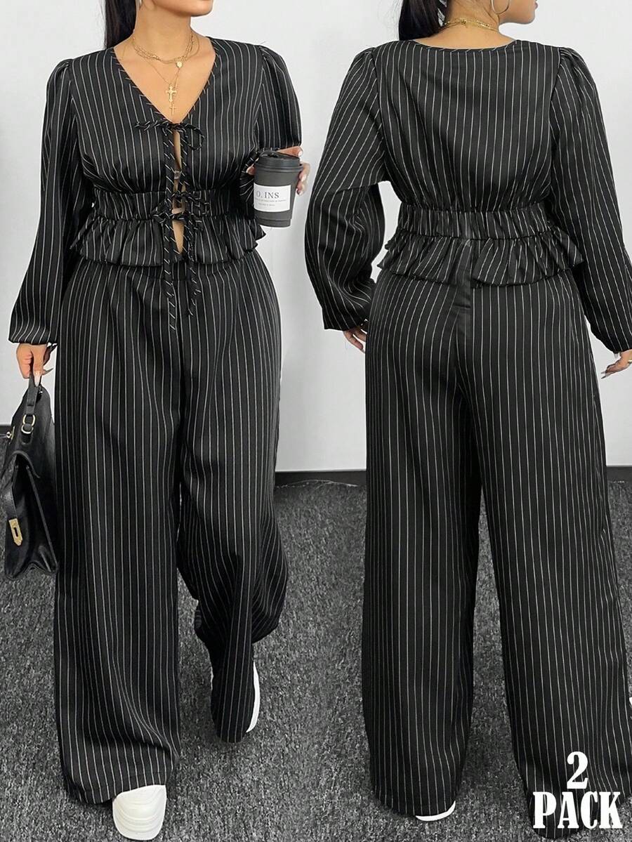 Flirla Plus Size Vacation Casual Versatile Tie-Front V-Neck Short Sleeve Crop Top + Matching Striped Pants 2 Pieces Set Fall Cloth For Women