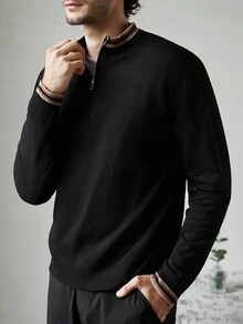 Manfinity CityGents Men's Striped Stand Collar Half Zip Front Casual Knit Sweater Mock Neck Men, Old Money , Fall Winter