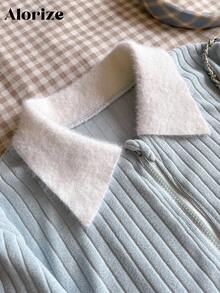 Autumn/Winter Cropped Tight Knit Cardigan Sweater With French Fur Collar For Tween Girls Fall - Dusty Blue - View 4