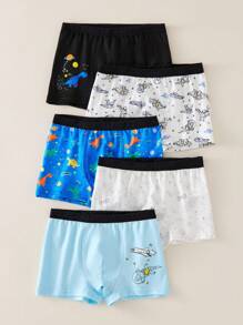 5pcs/Pack Young Boy Astronaut, Rocket, Dinosaur Graphic Soft Basic Breathable Briefs - Multicolor - View 5