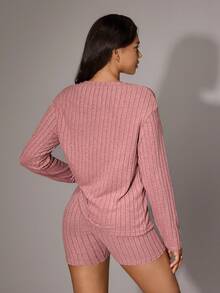 SHEIN Women's Solid Color Brushed Ribbed Loose Crew Neck Long Sleeve Shorts Pajama Set  Cozy And Elegant Details, Fall Clothes
