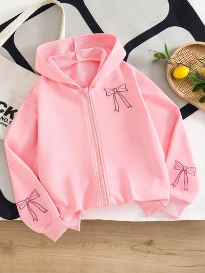 Sparklyn 1pc Girls Zip-Up Hooded Long Sleeve Jacket, Butterfly Embroidery Decor On Back & Sleeves Fall Winter