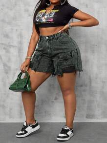 SHEIN CURVE+ Plus Size Women's Pocket Distressed Relaxed Fit Denim Shorts, Curve Plus, Boho Vacation - Black - View 6